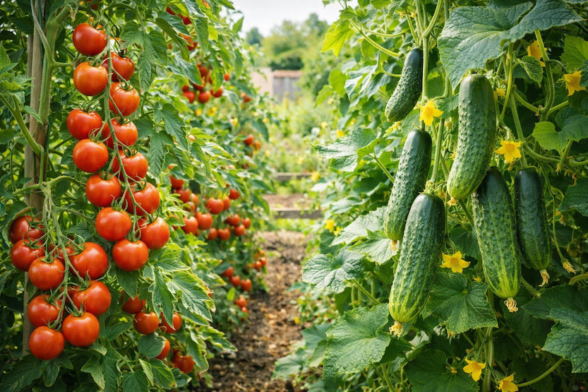 tomat-och-gurkplantor-full-sommarskord-tradgard-16×9 Tomat- och gurkplantor i full sommarskörd i trädgård med mogna röda tomater och gröna gurkor som hänger bland frodiga blad.